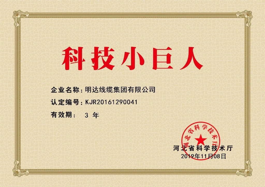 公海5500线路检测线缆被认定为河北省科技幼巨人企业