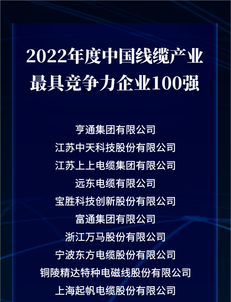 喜讯：公海5500线路检测上榜2022年度中国线缆产业最具竞争力企业百强